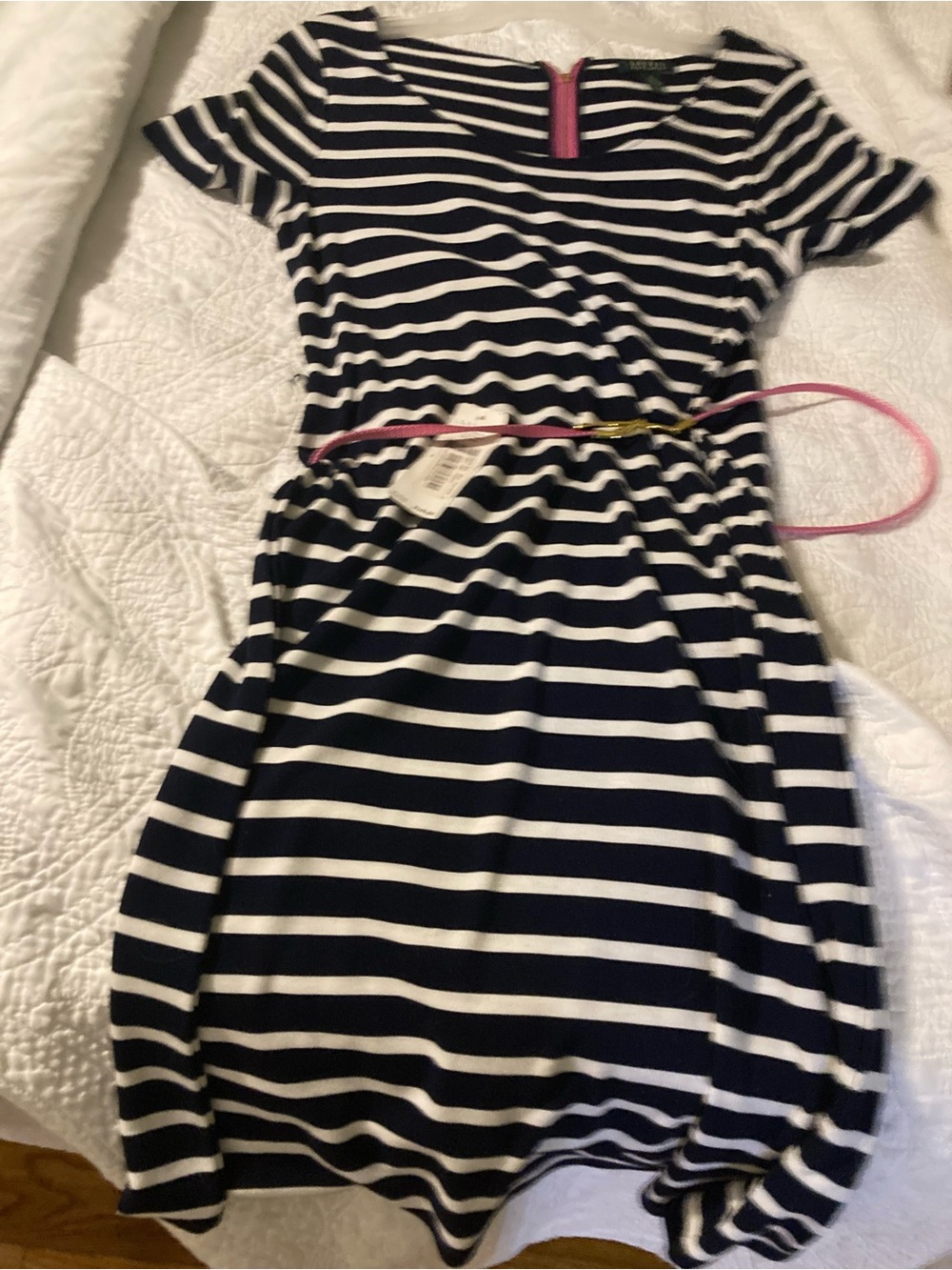 Women’s Navy & White Striped Casual Dress with Pink Belt